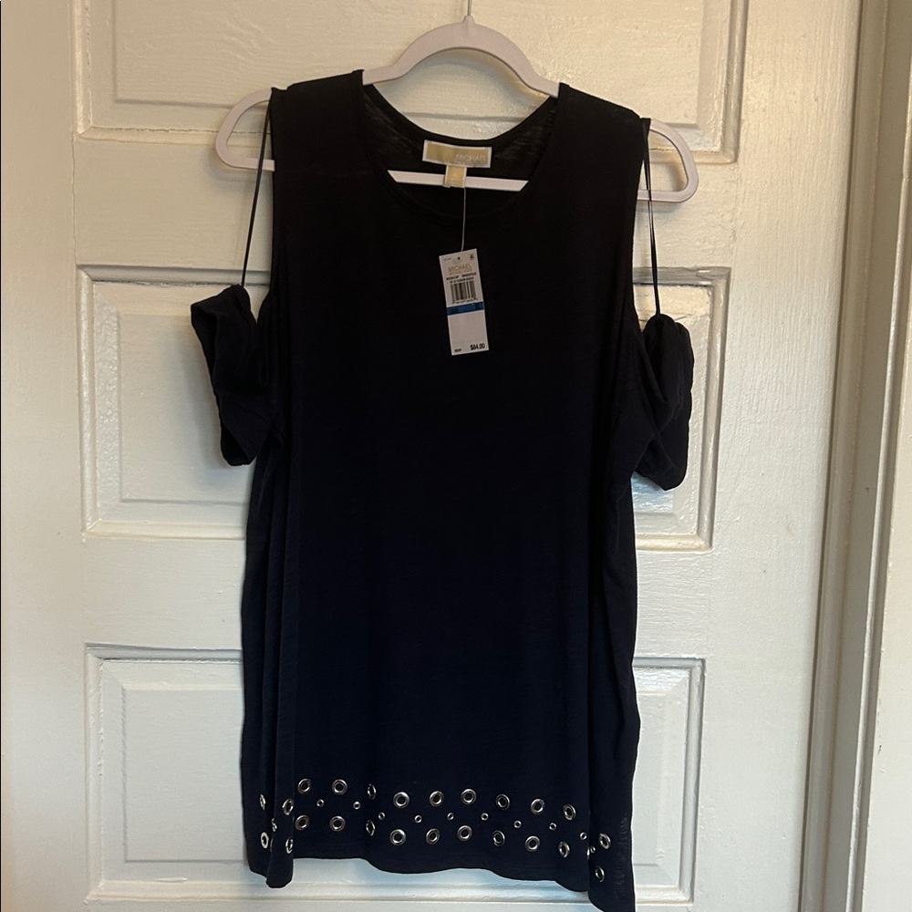 Michael Kors Navy Cold-Shoulder Grommet-Hem Short Sleeve Top